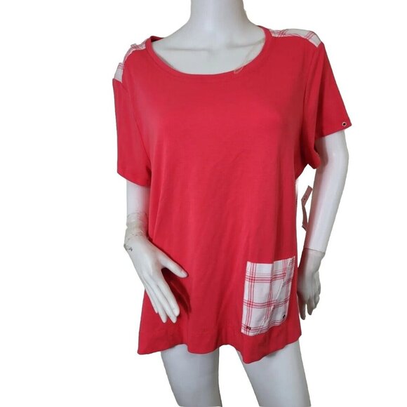 Westbound Tops - Westbound Top Women's Size  1X Plus Pink White Plaid Crewneck Short Sleeve (37)